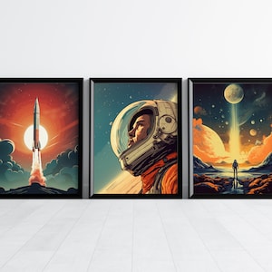 Conjunto de arte de pared espacial de 3 impresiones, cartel de astronauta, decoración de viaje del sistema solar retro, planeta vintage imprimible, descarga digital colorida