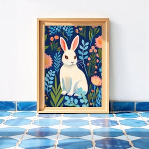 Plakat Coquette Królik Sztuka ścienna, Dekoracja retro, Vintage Kwiatowy nadruk, Papier fotograficzny satynowy klasy premium, Bez ramki