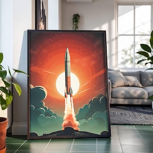 Weltraum Poster Rakete Wandkunst, Retro Dekor, Vintage Planet Print, Premium Class Satin Fotopapier, ohne Rahmen