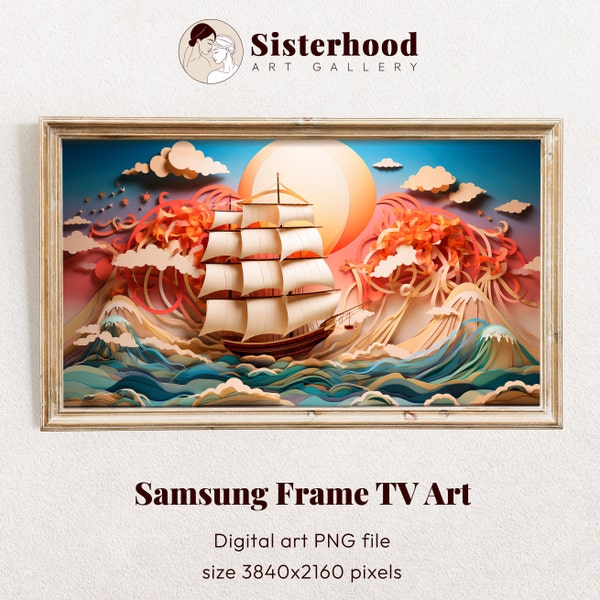 Samsung Frame TV Art, Seascape Painting, Ship and Sea, paper cut style, Samsung Art TV, 3D effect Digital Download, Colorful Abstract