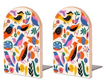 Suporte para livros em madeira com formato de pássaros e motivos florais, decoração moderna para estante, estilo rústico.