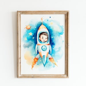 Póster espacial, decoración de pared de cohetes, impresión para bebé, arte de pared vintage para niños, imagen para habitación de niño y niña, descarga digital colorida