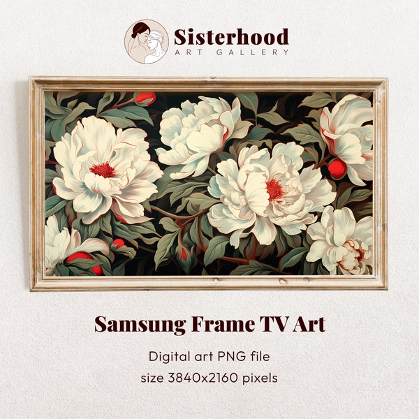 Samsung Frame TV Art Vintage painting, White Peony flowers, Dark vintage art sketch drawing, Retro Wall Art, Boho style, Digital Download