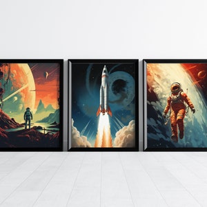 Weltraum 3 Poster, Retro Sonnensystem Reisedrucke, Astronaut, Rakete Vintage Wandkunst, Planetenkunstwerk, bunter digitaler Download