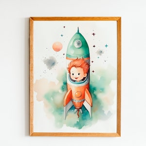 Póster espacial, decoración de pared retro de cohetes, impresión de niño astronauta para niños, arte de pared vintage, arte para habitación de niño, descarga digital colorida
