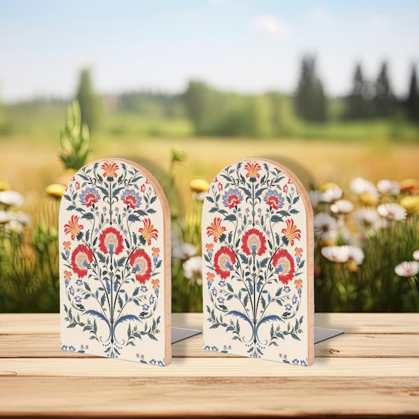 Suporte para livros floral em madeira, estilo botânico, decoração moderna para estante, conjunto com 2 peças.