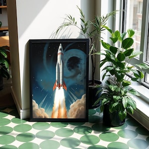Weltraum Poster Rakete Wand Kunst, Retro Himmel Dekor, Vintage Planet, Premium Class Satin Fotopapier, ohne Rahmen