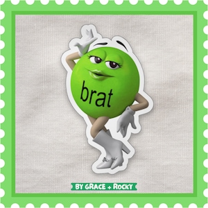 Green M&M Brat Sticker ~~ Kiss-Cut Stickers, Cute Decals, Laptop Stickers, Water Bottle Decal, Dance Party Music, Hyperpop EDM, Funny Gift