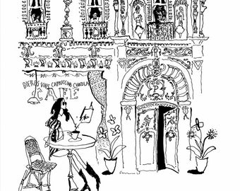 Faubourg Saint-Honoré. Parisian Cafe Print, Paris Lifestyle, Paris Woman, Paris Print, French Woman, French Art, Paris Art, Pen and Ink