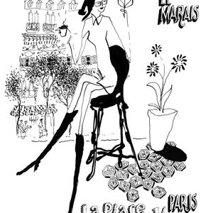 La Place des Vosges. Parisian Cafe Print, Paris Lifestyle, Paris Woman, Paris Print, French Woman, Paris Art, Pen and Ink, French Art
