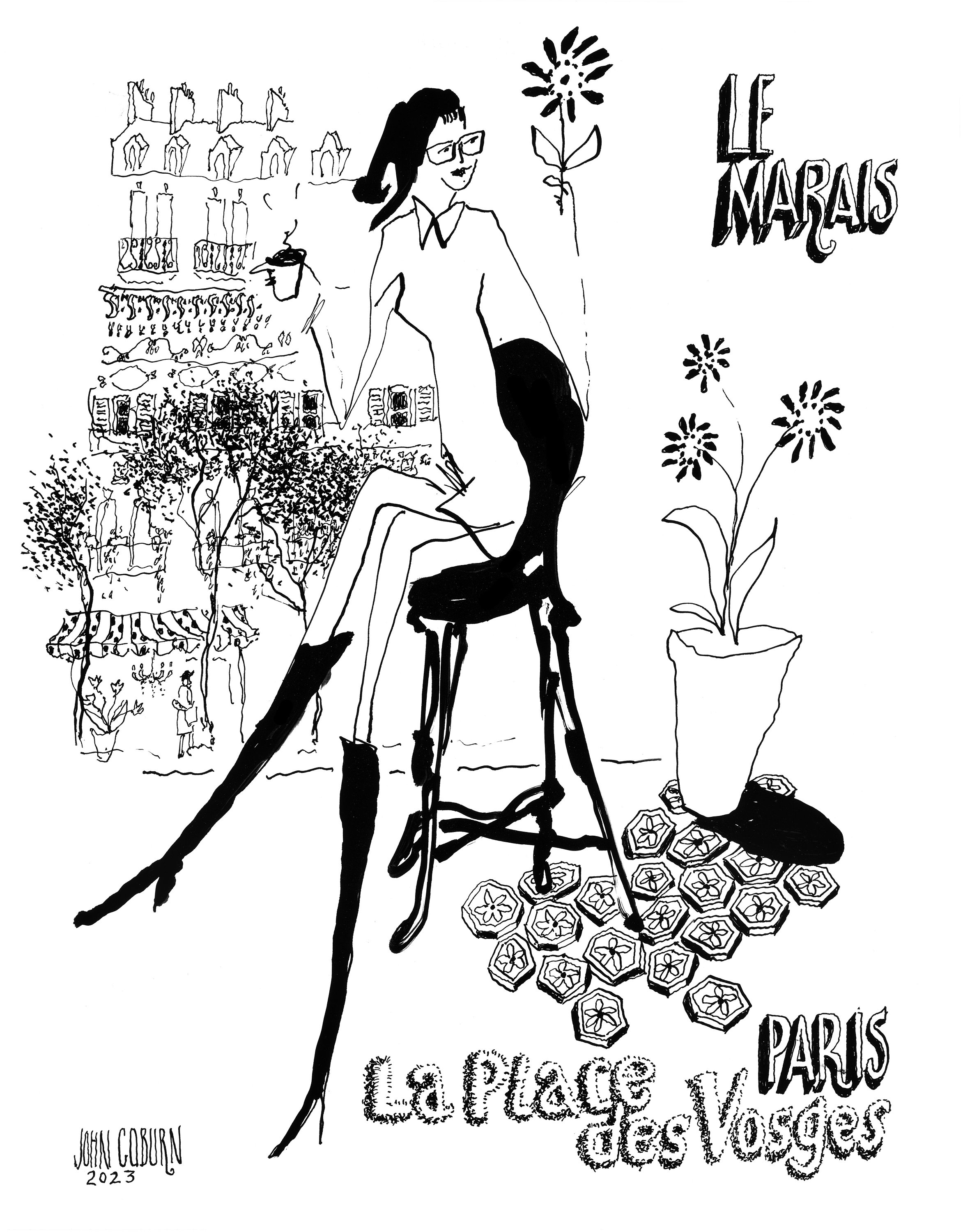 La Place des Vosges. Parisian Cafe Print, Paris Lifestyle, Paris Woman, Paris Print, French Woman, Paris Art, Pen and Ink, French Art