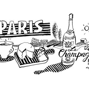 A Parisian Picnic. Parisian Print, Paris Lifestyle, Paris Vibes, Paris Print, French Art, Paris Art, Food Art, French Culture, Pen and Ink