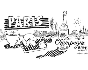 A Parisian Picnic. Parisian Print, Paris Lifestyle, Paris Vibes, Paris Print, French Art, Paris Art, Food Art, French Culture, Pen and Ink