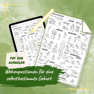 Stanowiska pracy dla samodzielnego porodu - dla kobiet w ciąży, położnych - pdf do natychmiastowego pobrania - plakat w czerni i bieli do kolorowania