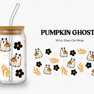 Halloween Kürbis Geister 16 Unze Libbey Glas kann wickeln PNG Datei, Süßes oder Saures, Blumen, Boho, Spooky für Cricut, Vinyl, Sublimation