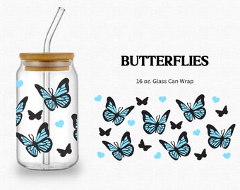 Butterfly 16 ounce Libbey Glass Can Wrap SVG PNG cut file, trendy style, y2k, blue black, butterflies, for Cricut, vinyl, sublimation