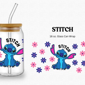 Stitch 16 ounce Libbey Glass Can Wrap SVG PNG cut file, Hawaiian flowers, kids, early 2000s, character for Cricut, vinyl, sublimation
