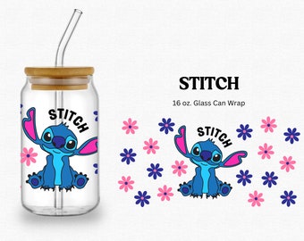 Stitch 16 ounce Libbey Glass Can Wrap SVG PNG cut file, Hawaiian flowers, kids, early 2000s, character for Cricut, vinyl, sublimation