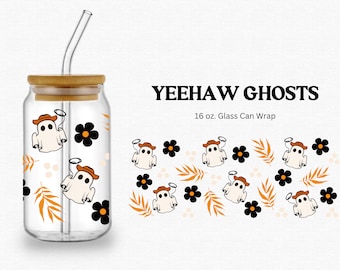 Yeehaw Ghosts 16 ounce Libbey Glass Can Wrap PNG cut file, Halloween, Cowboy Hat, Boho Cowgirl Country, Lasso for Cricut, vinyl, sublimation