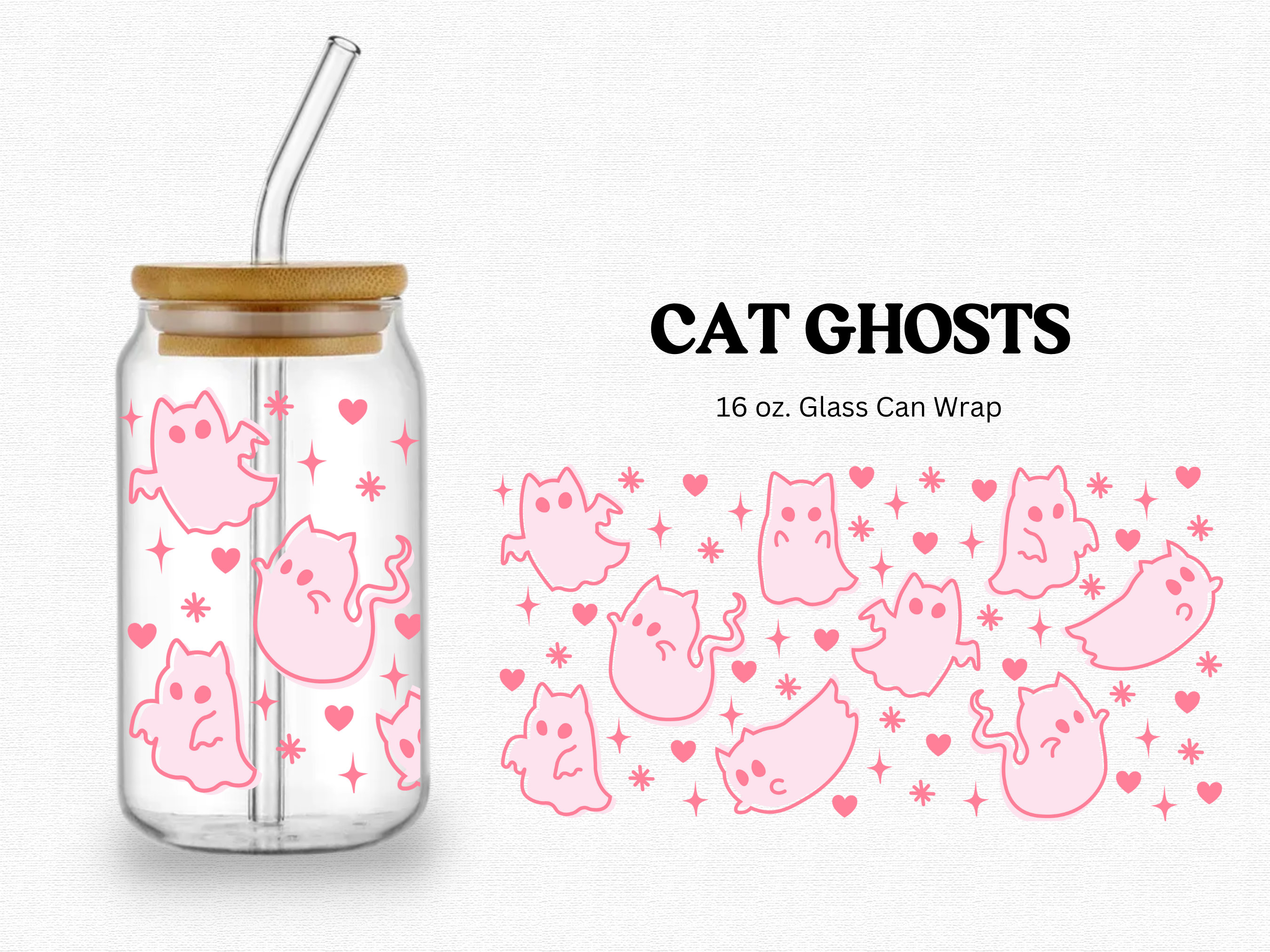 Cat Ghosts 16 ounce Libbey Glass Can Wrap SVG PNG cut file, spooky, halloween, y2k, cute, funny, for Cricut, vinyl, sublimation