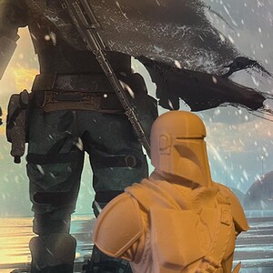 May include: A 3D-printed bust of a Mandalorian character, featuring a helmet and armor details. The bust is light-colored and stands on a black surface, with a background image of the character in a snowy landscape.