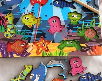 Wooden Magnetic game, Fishing game, Wooden fish puzzle, Learning Fish, Learning colors Baby Home School Preschool activity.