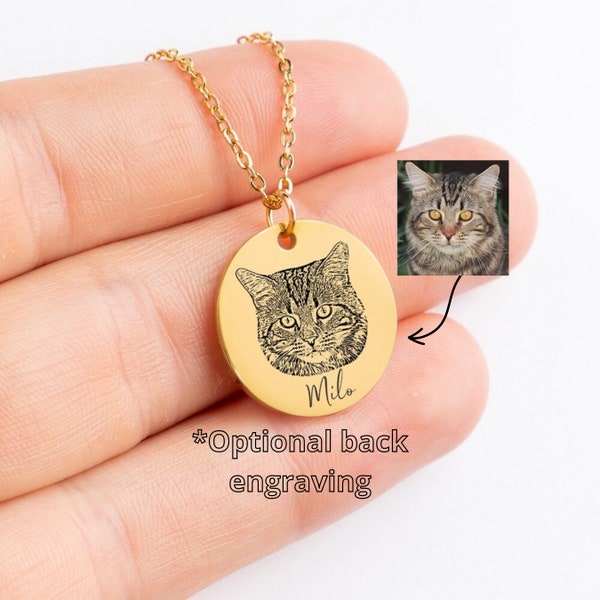 Collier personnalisé de portrait de chat et de chien/Portrait gravé à partir d’une photo/Bijoux personnalisés de maman d’animal de compagnie/Bijoux commémoratifs pour animaux de compagnie