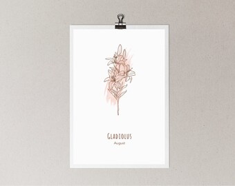 Bloemenprint geboortemaand aquarel - augustus - gladiolen