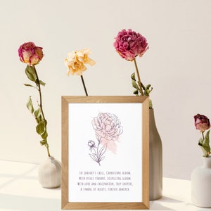Impression aquarelle poème fleur mois de naissance - janvier - oeillet