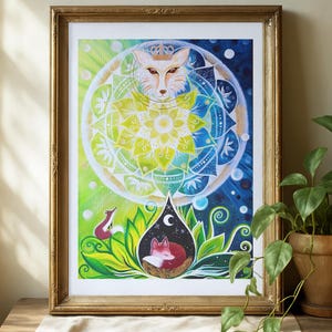 Fuchs Bild mit Mandala, FineArt Kunstdruck auf Hahnemühle Papier im Rahmen. 3 Füchse mit Mandala. Ein Fuchs oberhalb wacht über die beiden kleineren Füchse unten im Bild