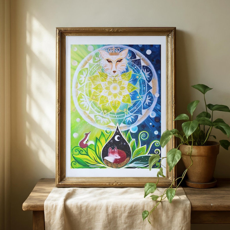 Fuchs Bild mit Mandala, FineArt Kunstdruck auf Hahnemühle Papier im Rahmen. 3 Füchse mit Mandala. Ein Fuchs oberhalb wacht über die beiden kleineren Füchse unten im Bild