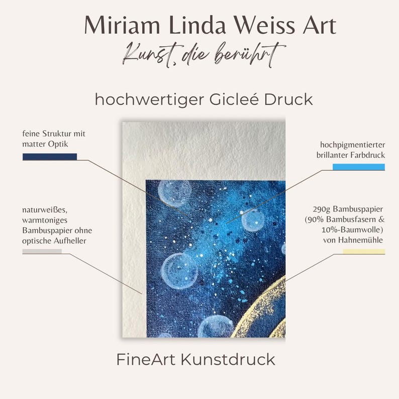 Beschreibung des Gicleé Druck mit den typischen Merkmalen an einem Kunstdruck Ausschnitt: brillante Farben, matte Optik, Bambuspapier von Hahnemühle, naturweiß