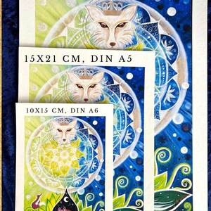 Fuchs Bild, drei verschiedene Größen der Löwen Kunstdrucke mit Maßangaben sind zu sehen. Kleines Bild Din A 6 (10x15 cm), mittleres Din A 5 (15x20 cm) und großes Din A4 (21x30 cm)