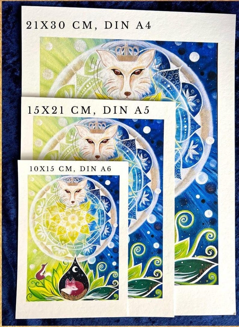 Fuchs Bild, drei verschiedene Größen der Löwen Kunstdrucke mit Maßangaben sind zu sehen. Kleines Bild Din A 6 (10x15 cm), mittleres Din A 5 (15x20 cm) und großes Din A4 (21x30 cm)