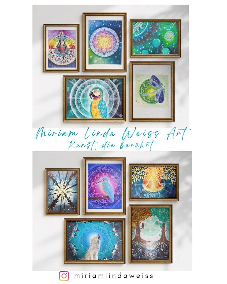 Collage von verschiedenen Kunstdrucken der Künstlerin Miriam Linda Weiss im Rahmen an der Wand