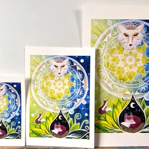 Fuchs Bild, 3 FineArt Kunstdrucke: 3 Füchse mit Mandala in gemalter, bunter, magischer Landschaft.