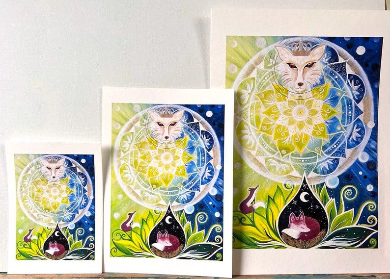 Fuchs Bild, 3 FineArt Kunstdrucke: 3 Füchse mit Mandala in gemalter, bunter, magischer Landschaft.