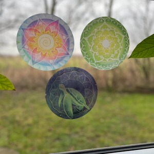 3 Aufkleber fürs Fenster mit drei unterschiedlichen Motiven, eines ist bunt, eines grün und eines mit einer Schildkröte in blau. Sie haften am Fenster