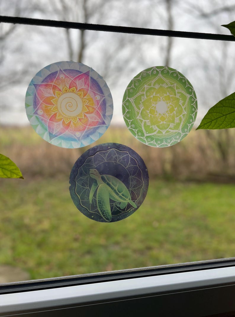 3 Aufkleber fürs Fenster mit drei unterschiedlichen Motiven, eines ist bunt, eines grün und eines mit einer Schildkröte in blau. Sie haften am Fenster