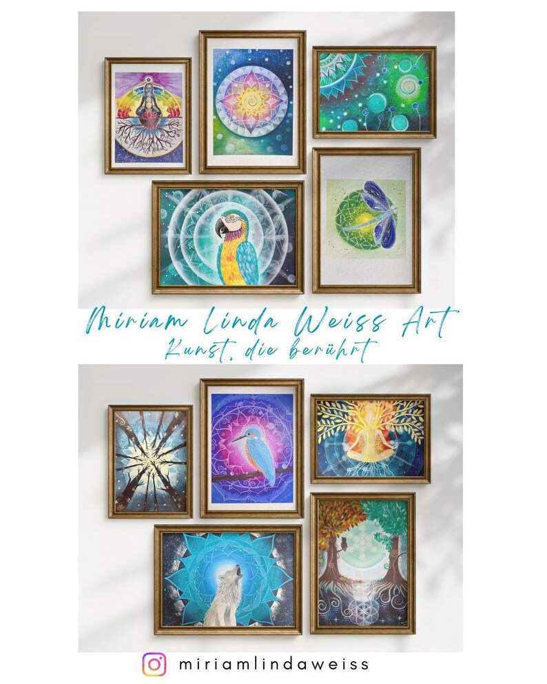 Collage verschiedener spiritueller Bilder, Krafttier Bilder & Mandala Bilder im Rahmen an der Wand, alle handgemalt von der Künstlerin Miriam Linda Weiss