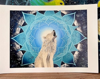 Fine art print of the wolf spirit animal mandala image "The Call"