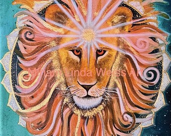 Imagen de león, láminas artísticas sobre lienzo, chamanismo, espíritu animal, animal de poder, cuadros pintados, regalos espirituales, compra láminas artísticas