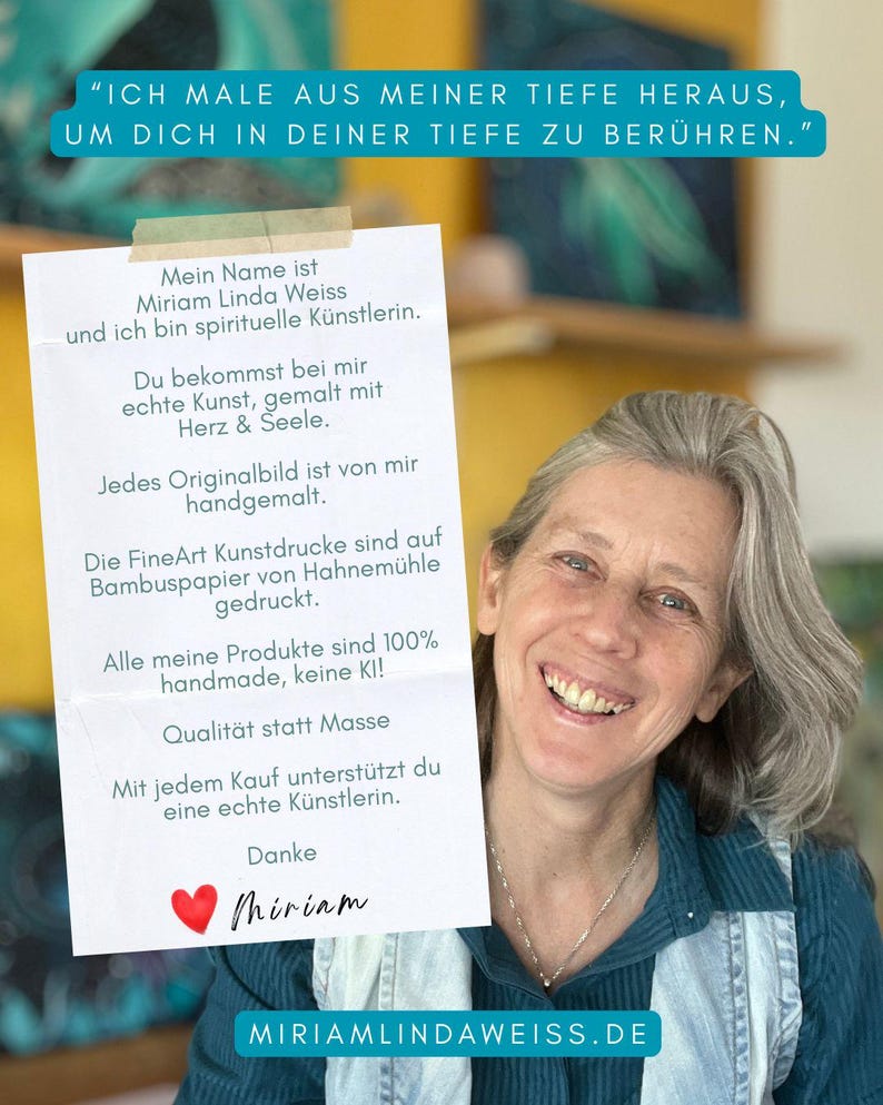 die Künstlerin Miriam Linda Weiss ist zu sehen im Profil. Ihr Wahlspruch: "Ich male aus meiner Tiefe heraus, um Dich in Deiner Tiefe zu berühren"
