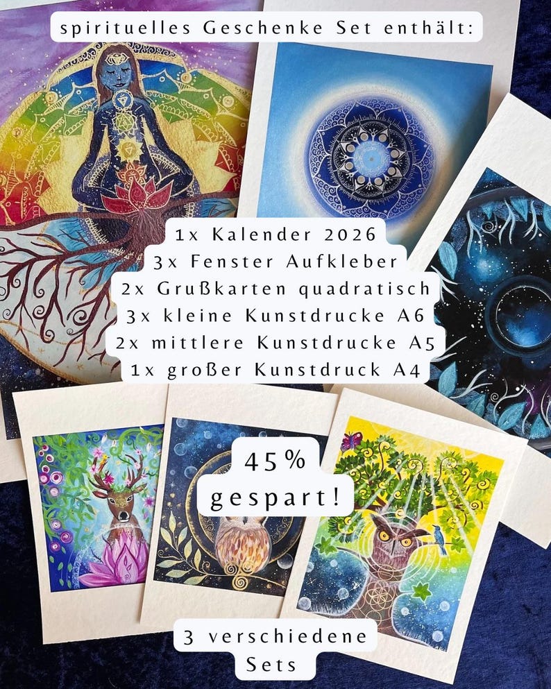 spirituelles Geschenke Set mit FineArt Kunstdrucken, spirituellen Bilder, Krafttier Bildern, Mandalas in drei unterschiedlichen Größen.