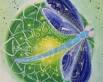 Lámina artística sobre lienzo, animal espiritual libélula, imágenes de mandalas, regalos espirituales, imágenes espirituales, comprar láminas sobre lienzo, libélula azul