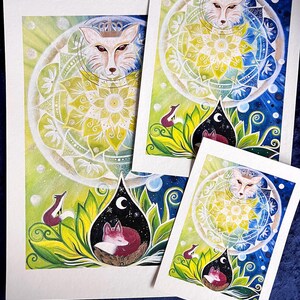 Fuchs Bild, 3 FineArt Kunstdrucke: 3 Füchse mit Mandala in gemalter, bunter, magischer Landschaft.