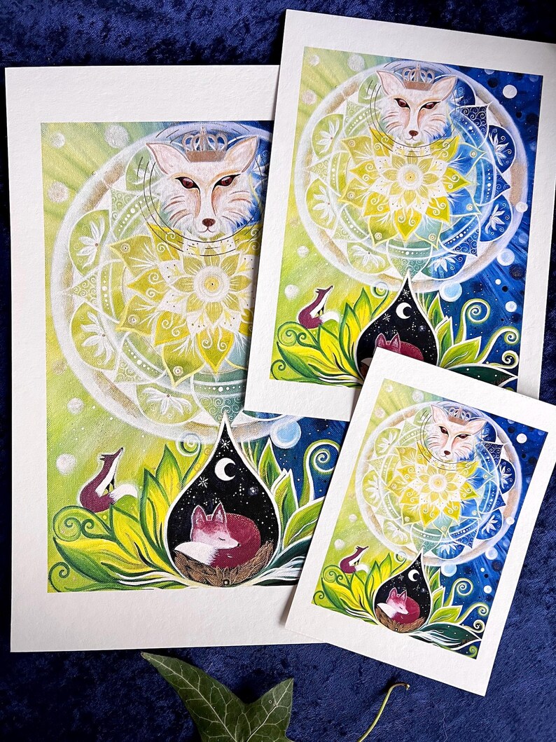 Fuchs Bild, 3 FineArt Kunstdrucke: 3 Füchse mit Mandala in gemalter, bunter, magischer Landschaft.