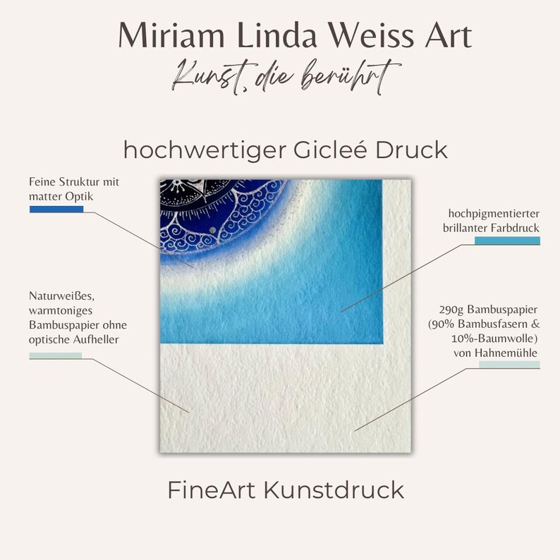 Beschreibung des Gicleé Druck mit den typischen Merkmalen an einem Kunstdruck Ausschnitt: brillante Farben, matte Optik, Bambuspapier von Hahnemühle, naturweiß