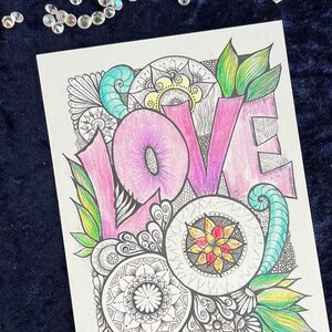 Love Postkarte mit Mandala Muster mit Buntstiften ausgemalt