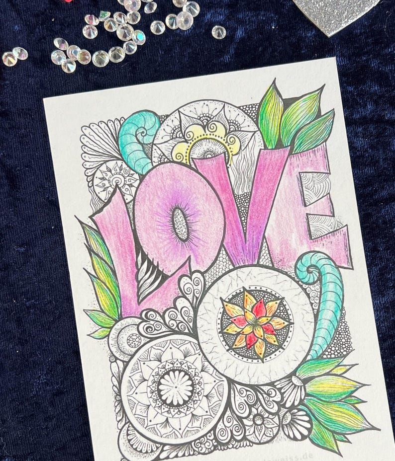 Love Postkarte mit Mandala Muster mit Buntstiften ausgemalt